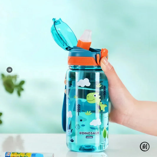 Water Bottle with Silicone Straw Leakproof Plastic for School (600 ml)
