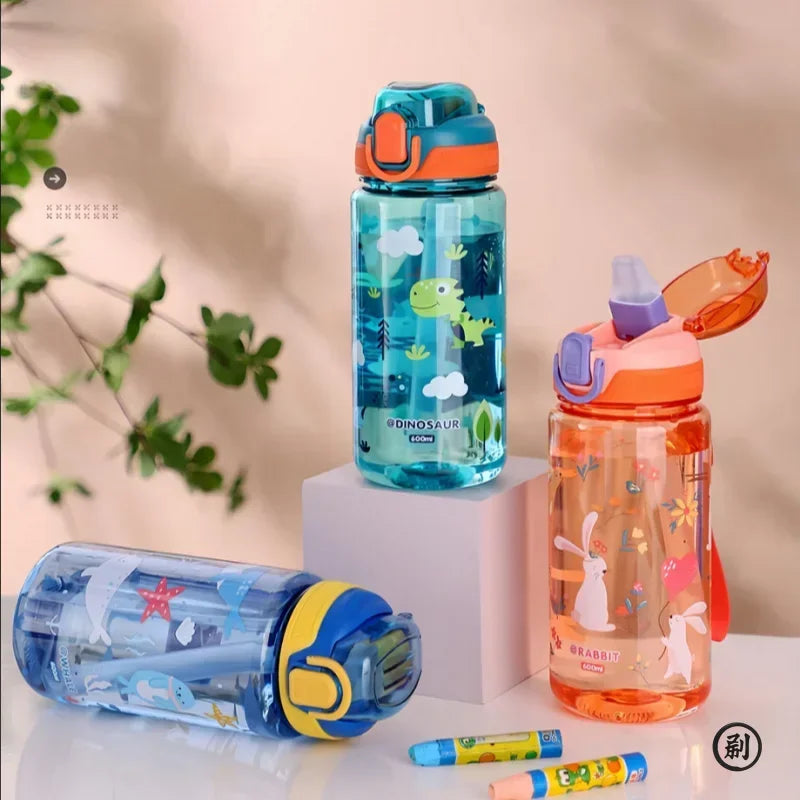 Water Bottle with Silicone Straw Leakproof Plastic for School (600 ml)