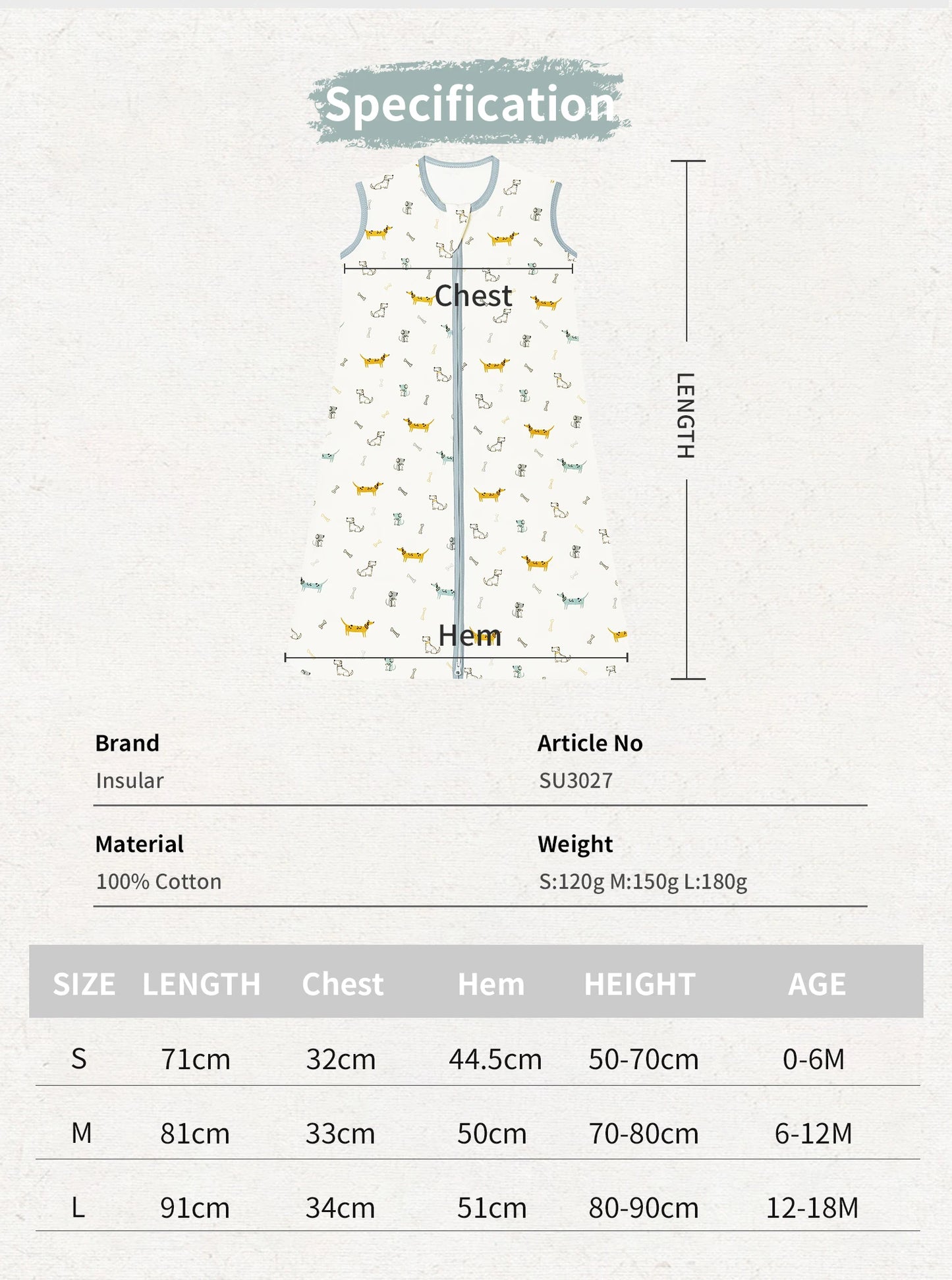 Baby romper with size chart and specifications on a white background