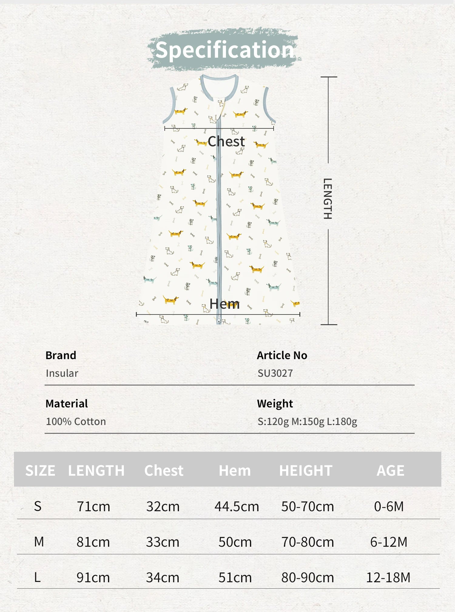 Baby romper with size chart and specifications on a white background