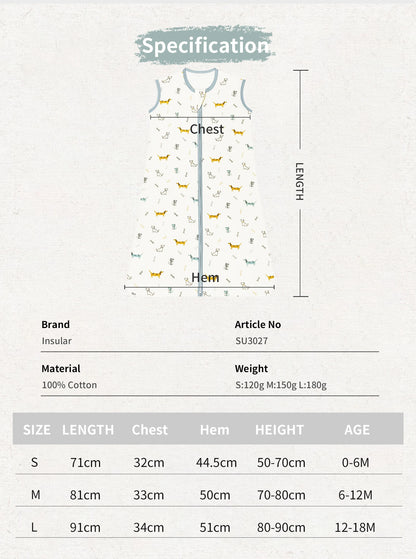 Baby romper with size chart and specifications on a white background