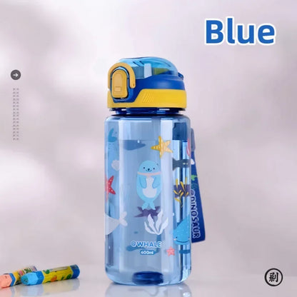 Water Bottle with Silicone Straw Leakproof Plastic for School (600 ml)