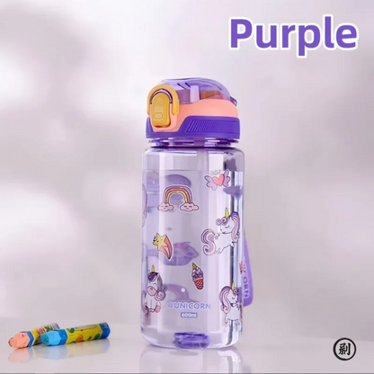 Water Bottle with Silicone Straw Leakproof Plastic for School (600 ml)