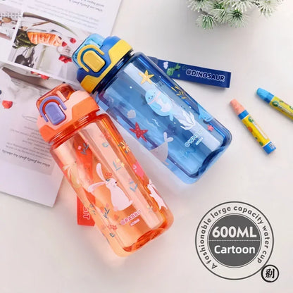 Water Bottle with Silicone Straw Leakproof Plastic for School (600 ml)